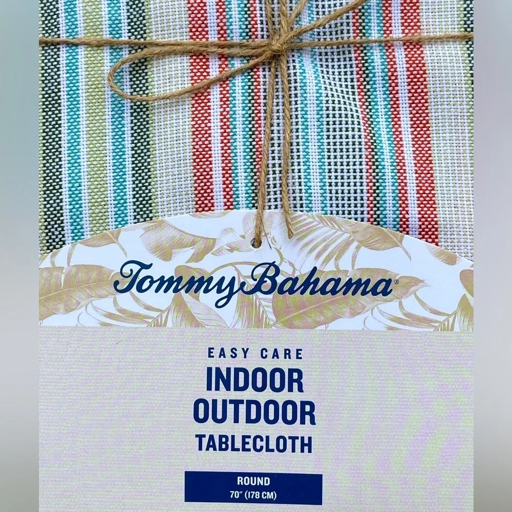 Tommy Bahama Hannah Striped Indoor Outdoor Patio Fabric Round Tablecloth 70